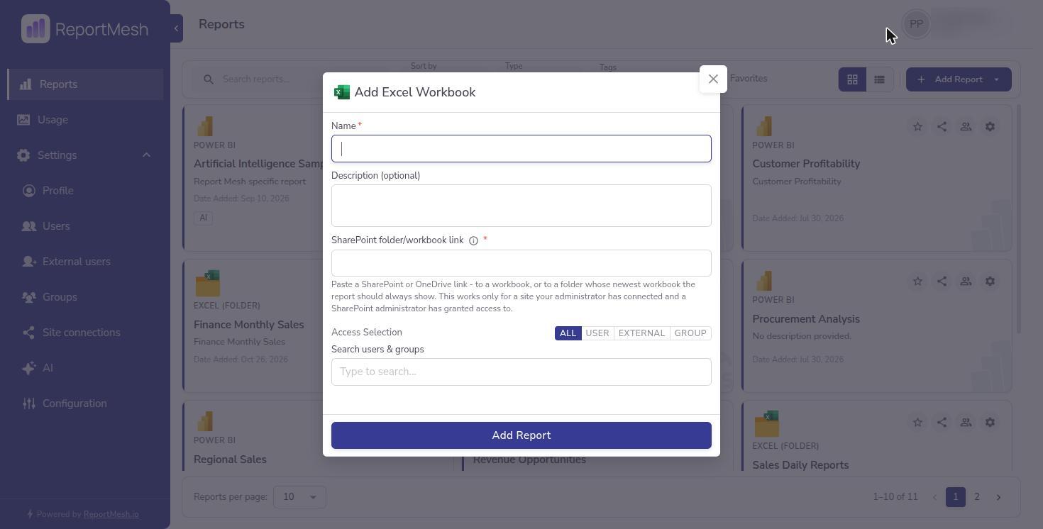 The Add Excel Workbook form