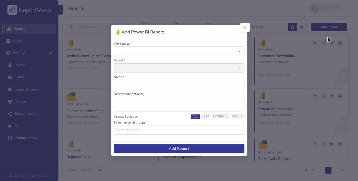 The Add Power BI Report form