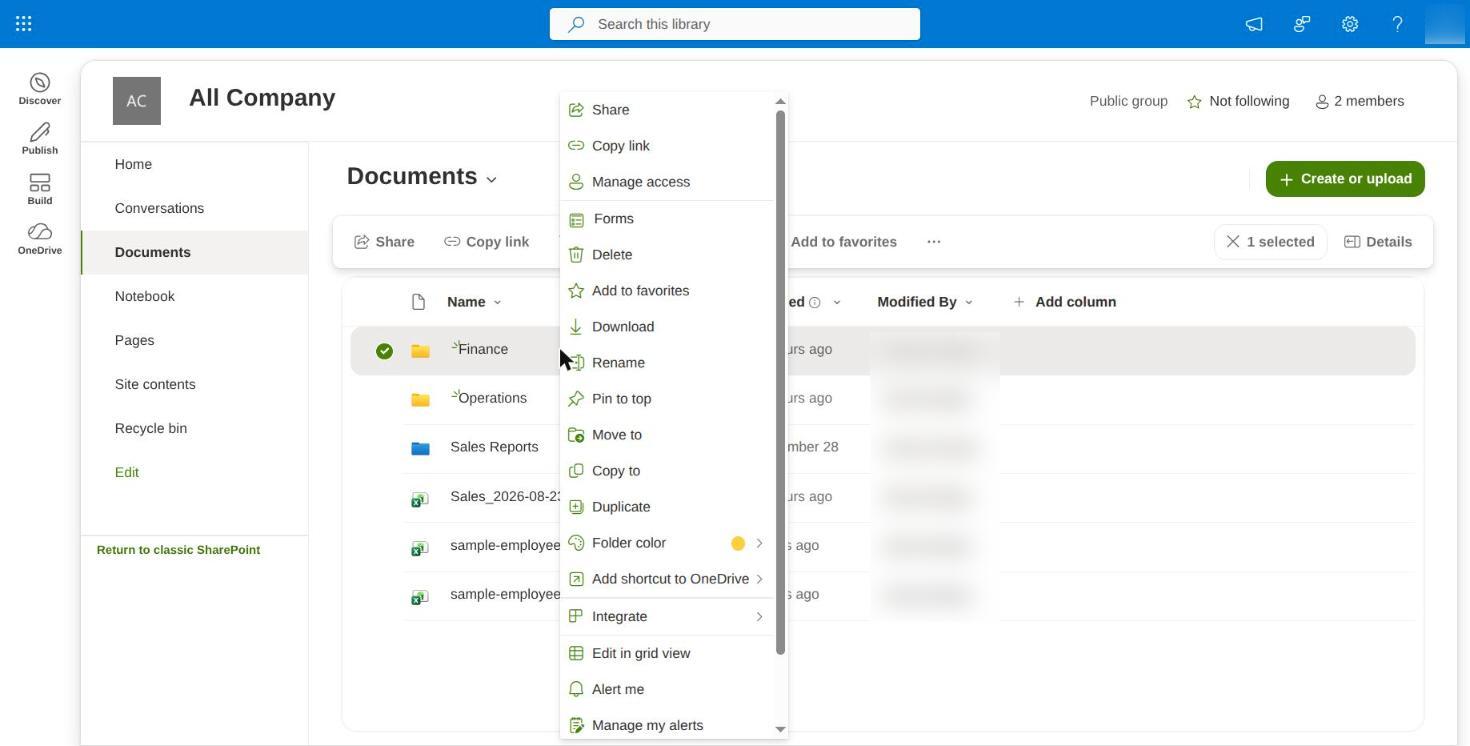 The SharePoint context menu, with Copy link