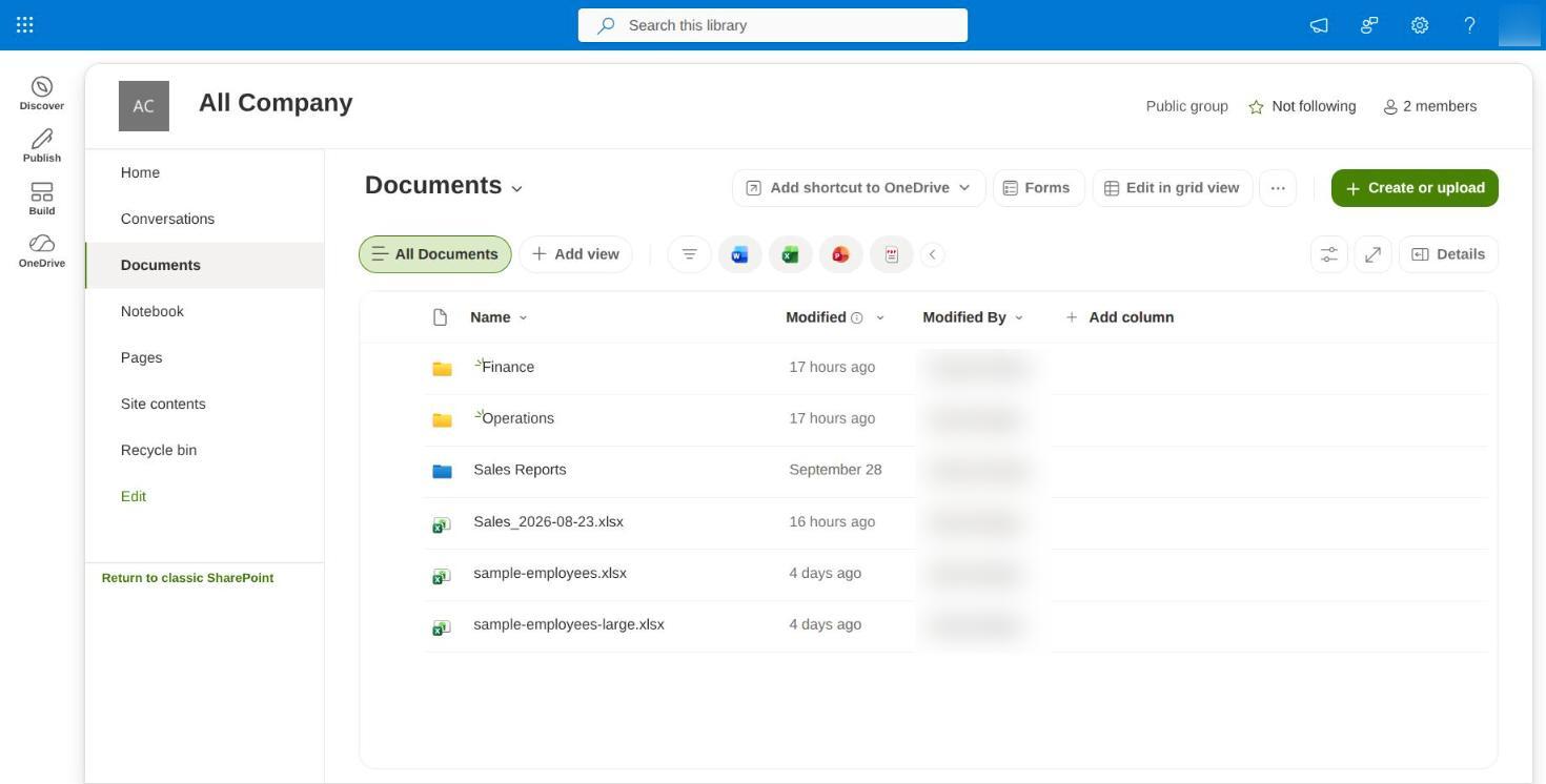 A SharePoint document library, with a workbook and folders