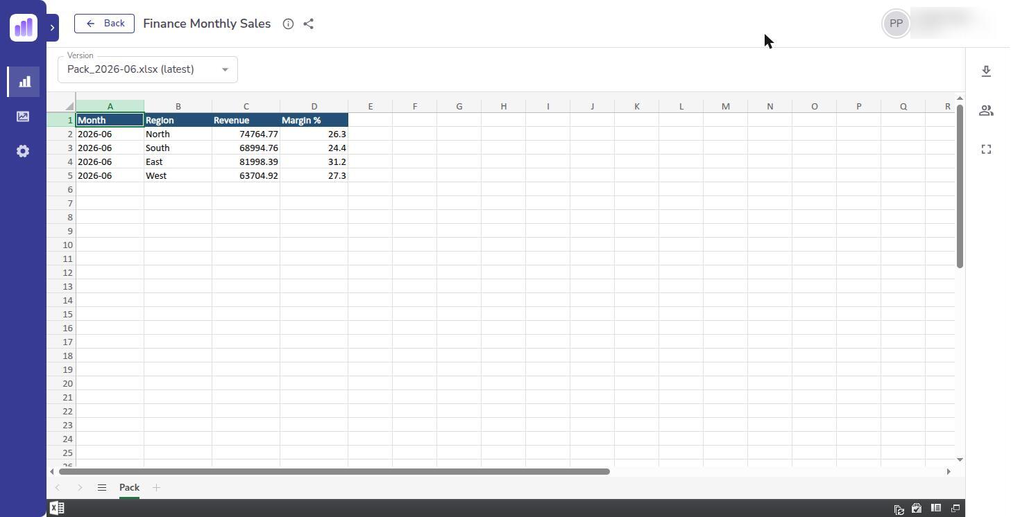 A rolling report open on its latest file, with the Version control above the sheet