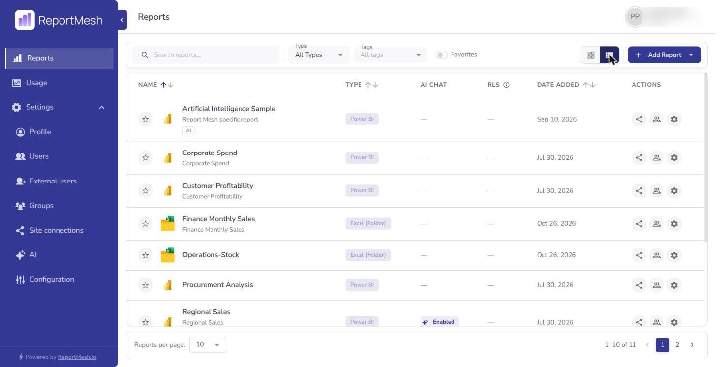 The Reports page in list view