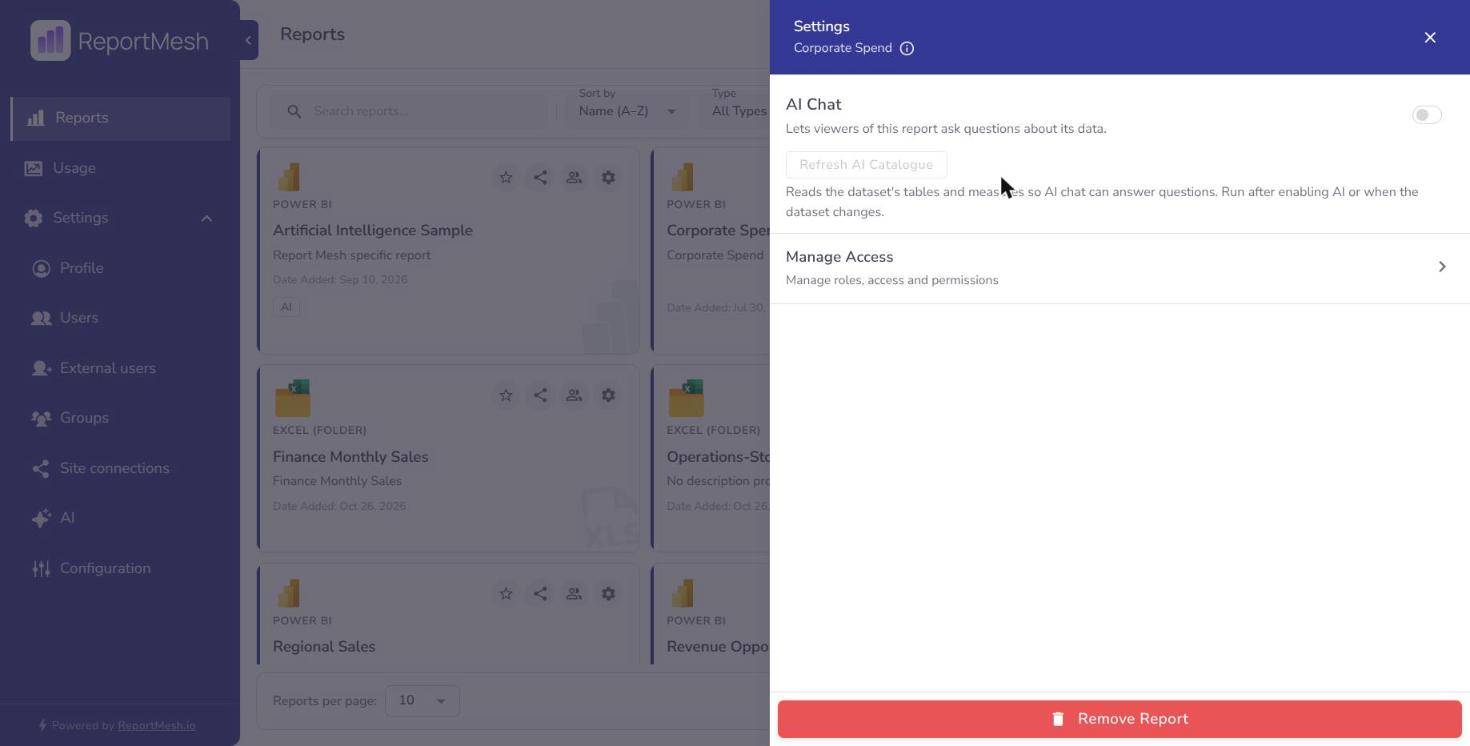 The settings drawer, with Manage Access