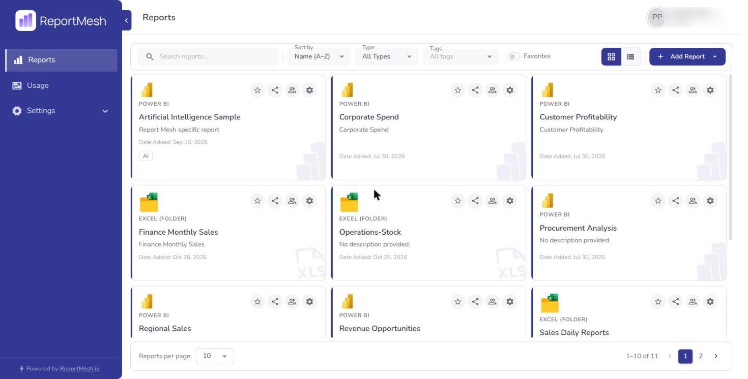 The Reports page in grid view