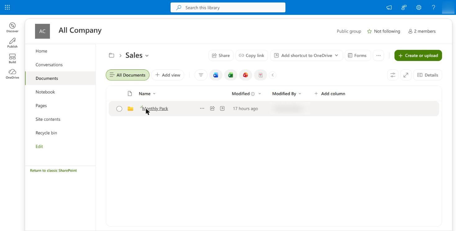 The Sales category folder, holding the Monthly Pack report folder