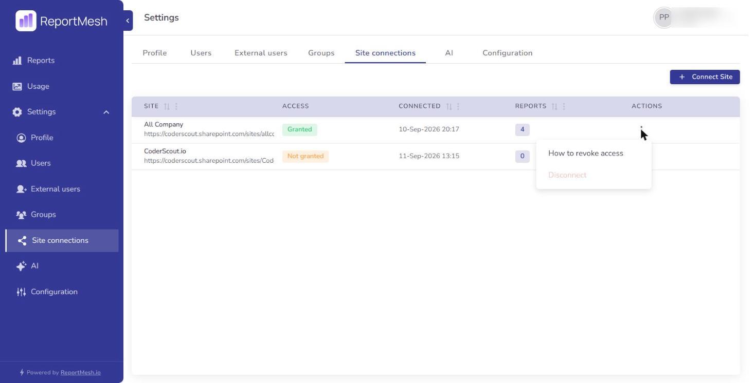 A site's Actions menu
